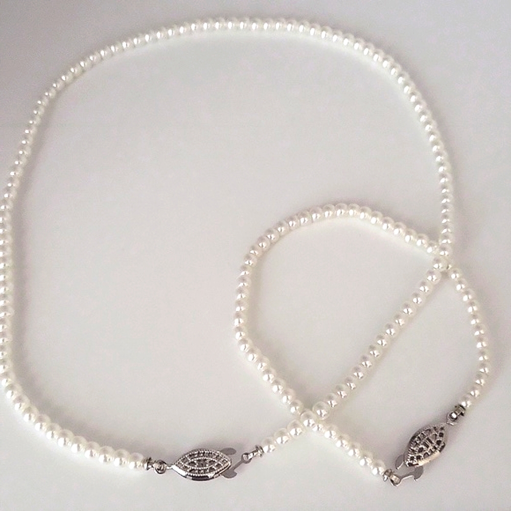Dainty 4mm Glass faux pearl Necklace & Bracelet White with Silver tone Clasp